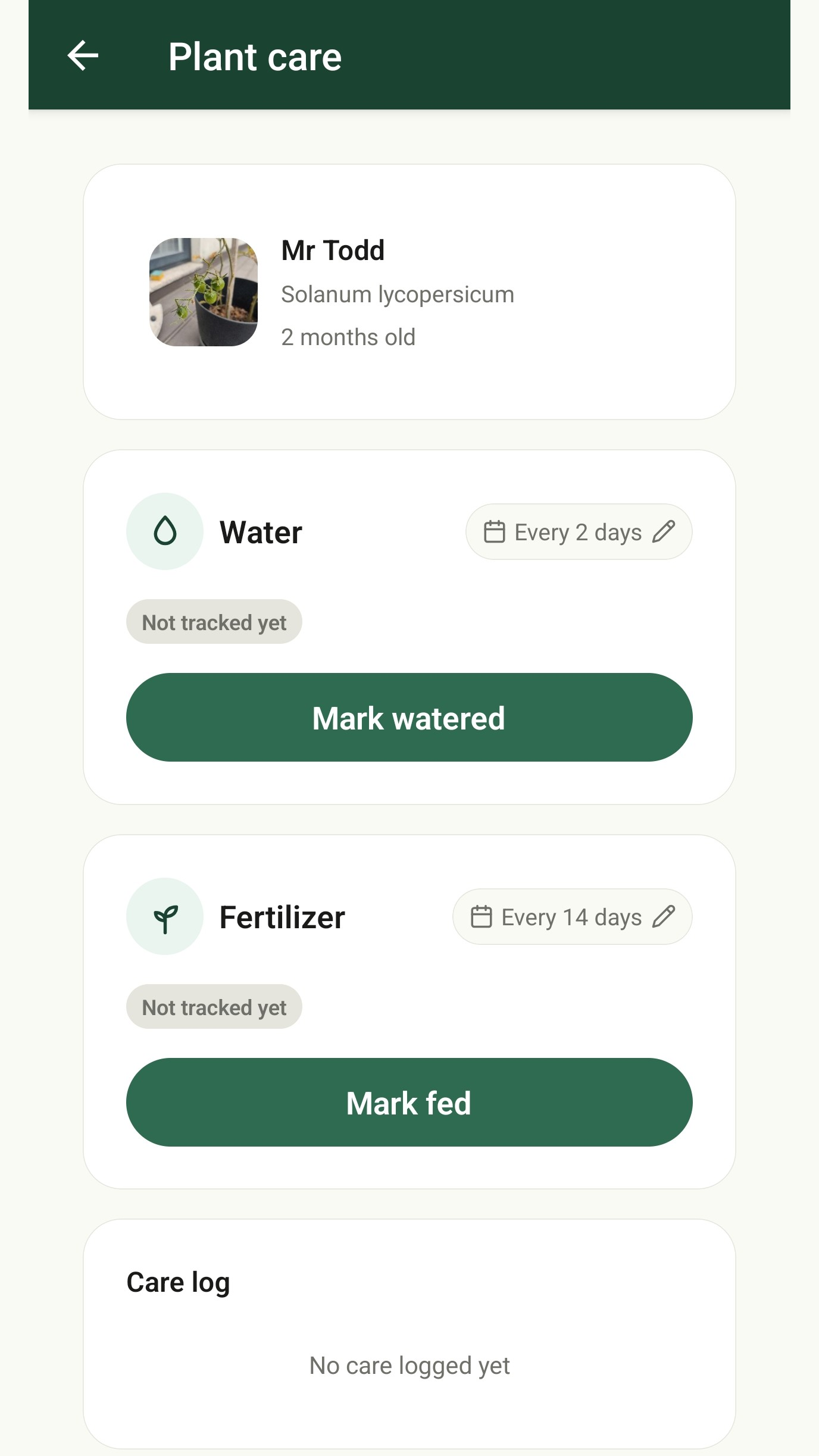 Plant care settings with individual watering and feeding schedules