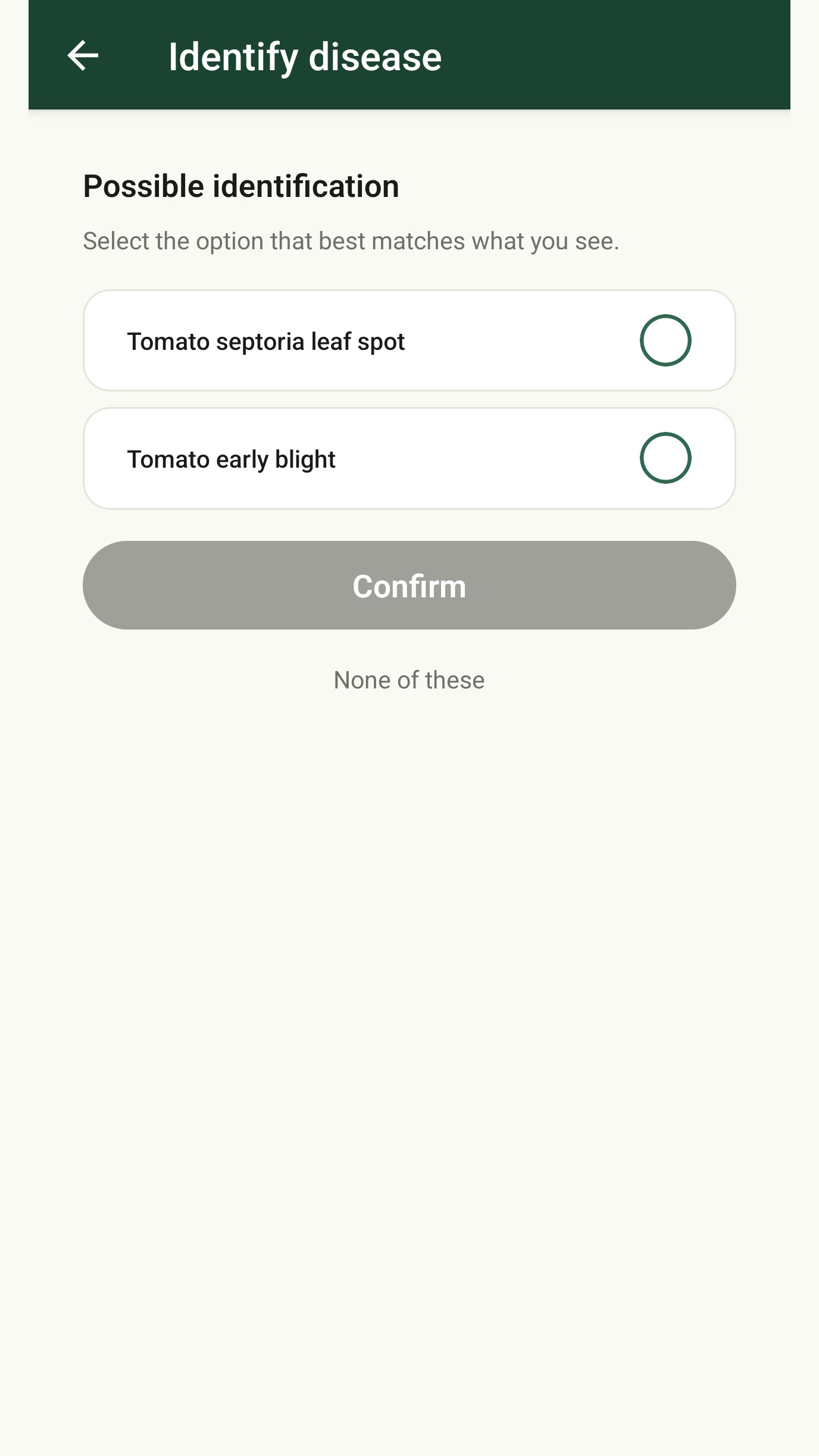 Disease identification screen showing candidate matches to choose from
