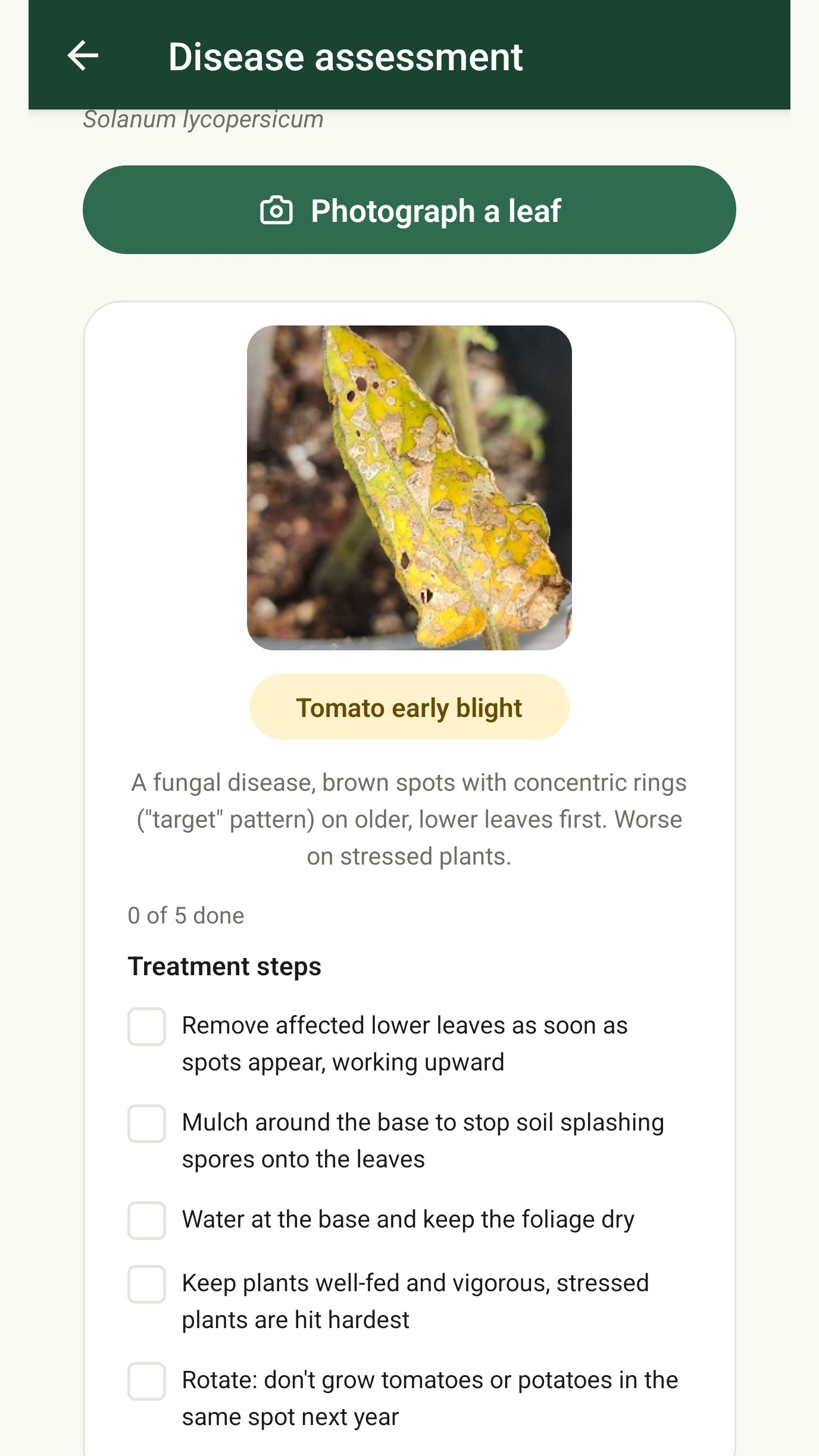 Disease assessment showing plain-language treatment steps