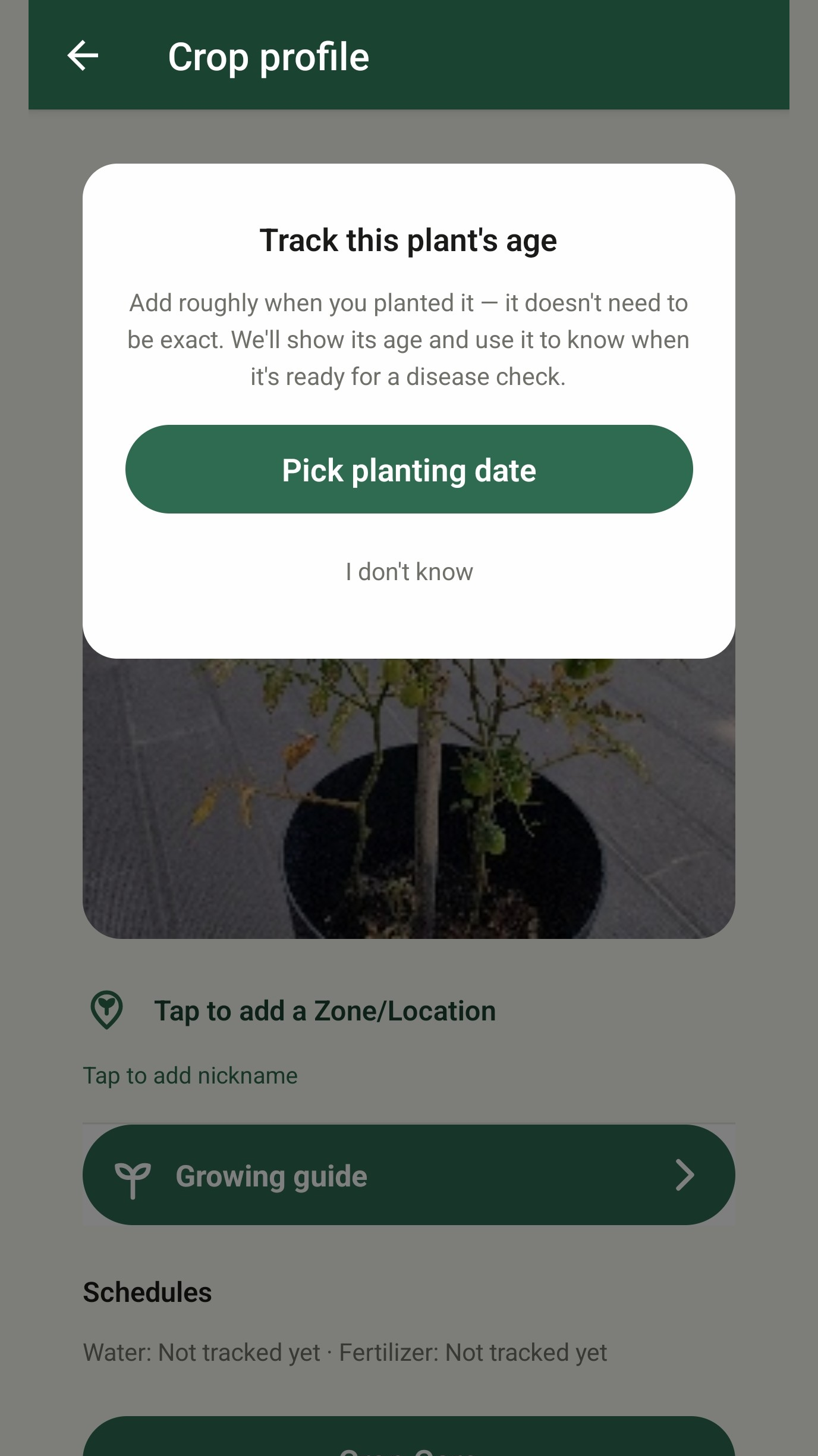 Modal overlaying the crop profile prompting the user to pick a planting date to start tracking the plant's age